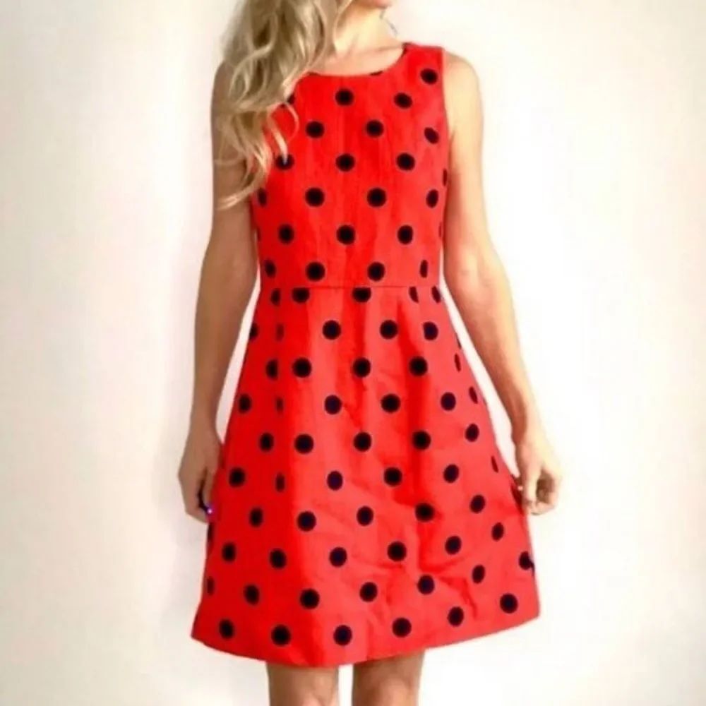 J. Crew Red Base Navy Blue Polka Dot Print A Line Sleeveless Dress